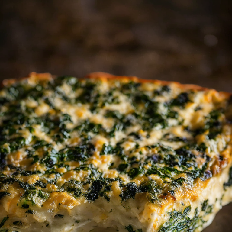 a close up photo of an Oven-Baked Frittata with Spinach and Cheese filling most of the frame, well lit with clear studio lighting and less than 10% blurry areas