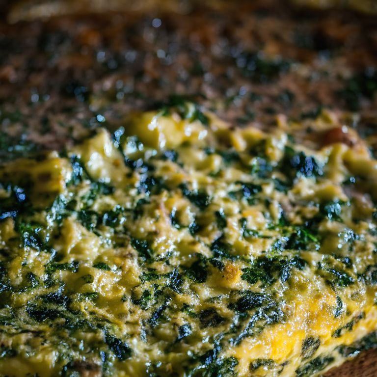 a close up photo of an Oven-Baked Frittata with Spinach and Cheese filling most of the frame, well lit with clear studio lighting and completely in focus with no blurry areas