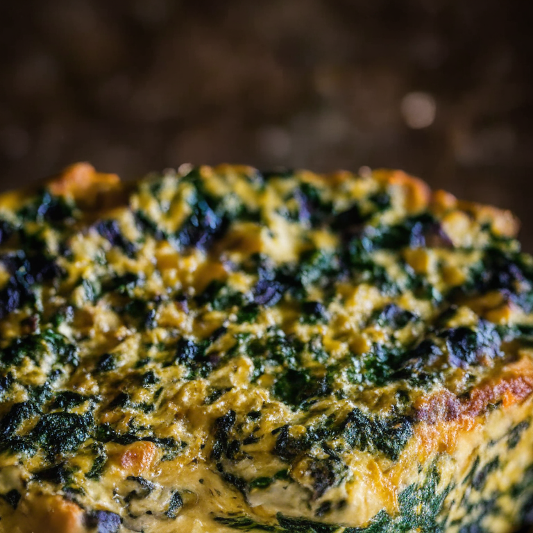 a close up photo of an Oven-Baked Frittata with Spinach and Cheese filling the entire frame, well lit with bright clear studio lighting and completely sharp with no blurry areas whatsoever