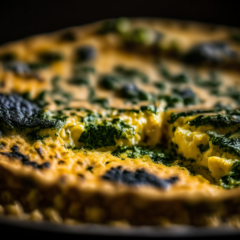 A close-up photo of an Oven-Baked Frittata with spinach and cheese, taken with a full-frame DSLR on a tripod, studio lighting, and a macro lens for extreme sharpness and detail