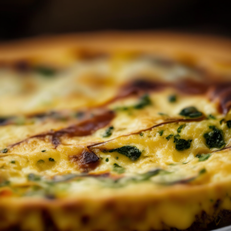 A close-up photo of an Oven-Baked Frittata, taken with a sharp lens and high resolution, focused precisely on the frittata so it is completely in focus with no blurry areas