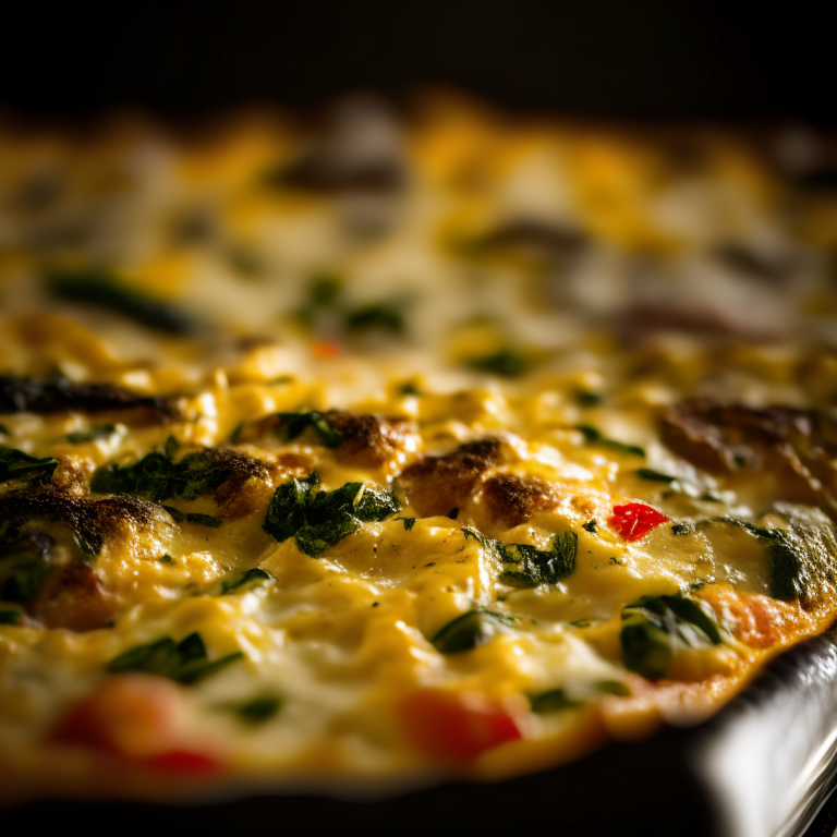 A close-up photo of an Oven-Baked Frittata, taken with a high-end medium format digital camera like a Hasselblad H6D or Phase One IQ4, showing extreme sharpness, detail, and dynamic range