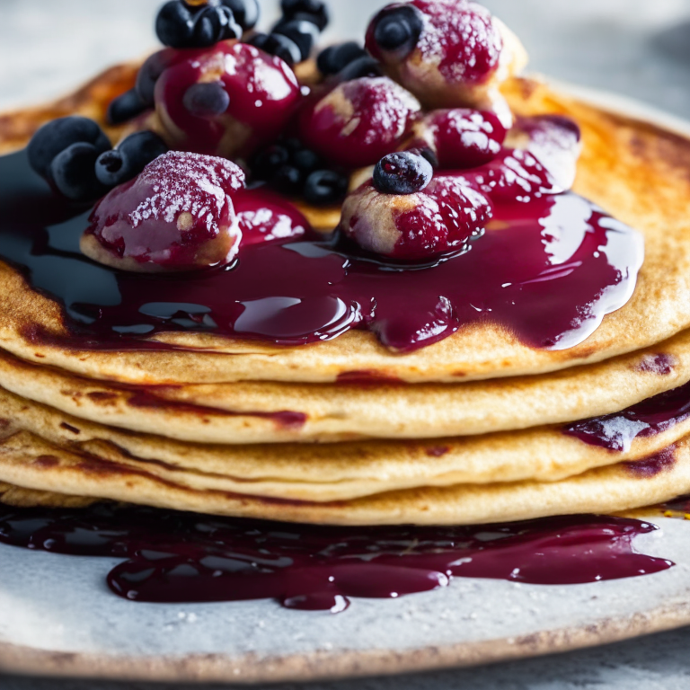 A photo of Oven-Baked Pancakes with Berry Compote, zoomed out to show more of the plate and background but still focusing on the pancakes and compote, taken with bright, soft studio lighting and sharp focus throughout the entire scene