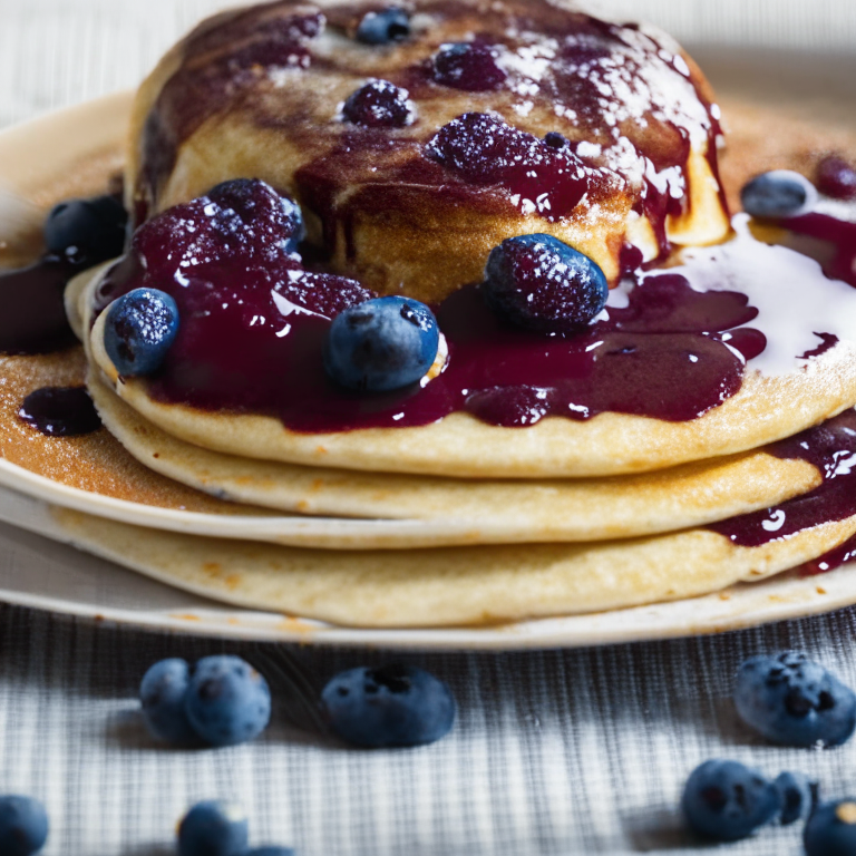 A photo of Oven-Baked Pancakes with Berry Compote, zoomed out further to show more context around the plate and table, taken with bright, soft studio lighting and everything in sharp focus from the pancakes to the table