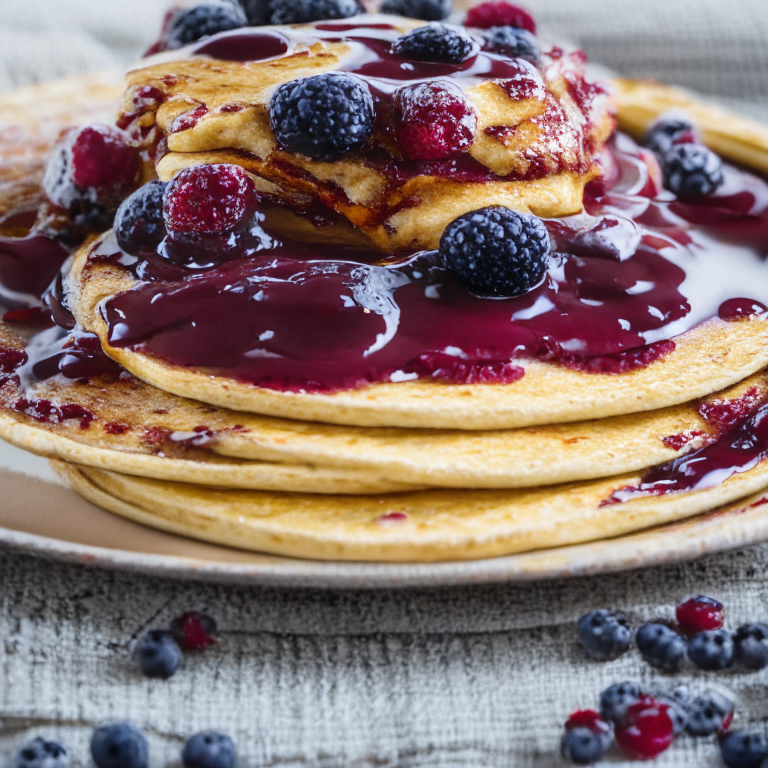 A photo of the entire Oven-Baked Pancakes with Berry Compote recipe, centered on the plate and zoomed out to fill the frame, taken with soft studio lighting and everything in sharp focus