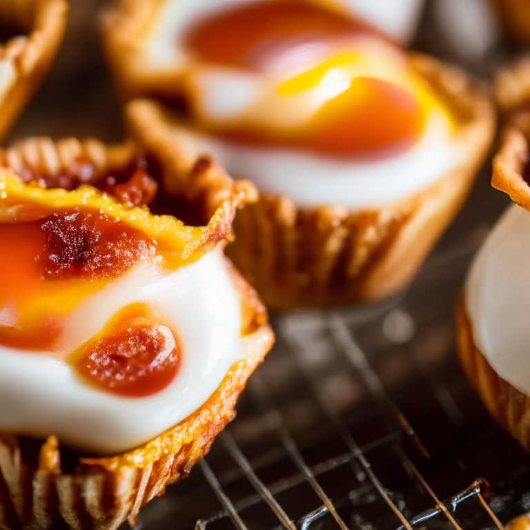 A close-up photo of Air Fryer Bacon and Egg Cups filling most of the frame, taken with bright, clear studio lighting and a lens that provides razor-sharp focus so every detail of the bacon and eggs are completely in focus with no blurry areas