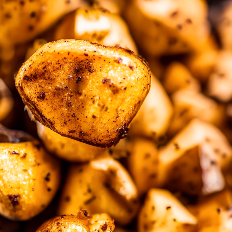 A close-up photo of Air Fryer and Oven-Roasted Breakfast Potatoes filling most of the frame, taken with bright, clear studio lighting and a lens that provides razor-sharp focus so every nook and cranny of the potatoes are completely in focus with no blurry areas