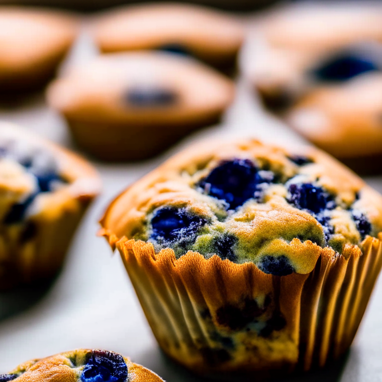 A close-up photo of Air Fryer and Oven-Baked Blueberry Muffins filling most of the frame, taken with bright, clear studio lighting and a lens that provides razor-sharp focus so every nook and cranny of the muffins and blueberries are completely in focus with no blurry areas