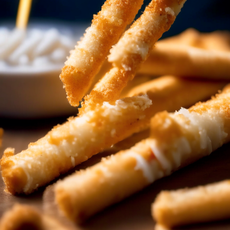 A close-up photo of Air Fryer Mozzarella Sticks filling most of the frame, taken with bright, clear studio lighting and a lens that provides razor-sharp focus so every nook and cranny of the mozzarella sticks and cheese are completely in focus with no blurry areas