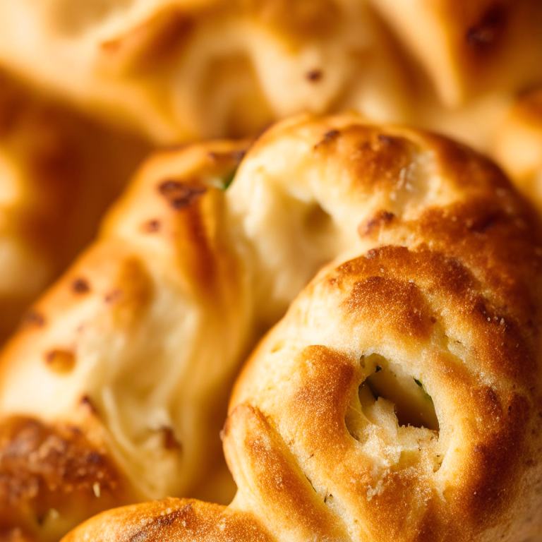 A close-up photo of Oven-Baked Garlic Parmesan Knots filling most of the frame, taken with bright, clear studio lighting and a lens that provides razor-sharp focus so every nook and cranny of the knots and cheese are completely in focus with no blurry areas