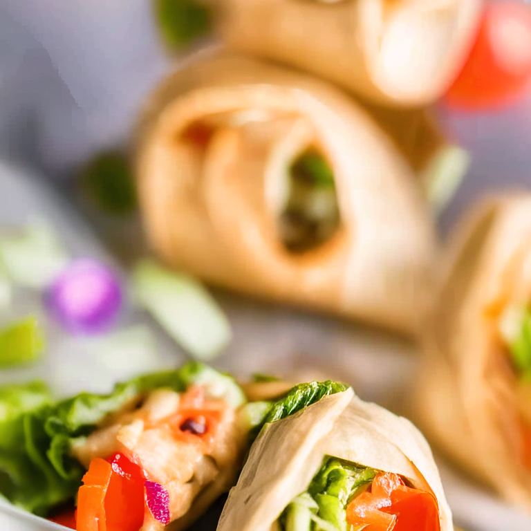 A close-up photo of Air Fryer and Oven-Roasted Vegetable Spring Rolls filling most of the frame, taken with bright, clear studio lighting and a lens that provides razor-sharp focus so every nook and cranny of the spring rolls and vegetables are completely in focus with no blurry areas