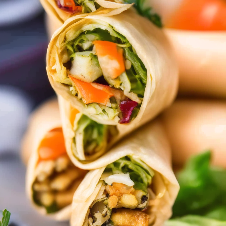 A close-up photo of Air Fryer and Oven-Roasted Vegetable Spring Rolls filling most of the frame, taken with bright, clear studio lighting and a lens that provides razor-sharp focus so every nook and cranny of the spring rolls and vegetables are completely in focus with no blurry areas