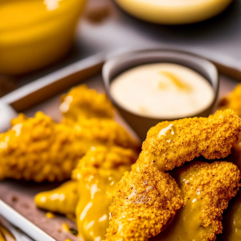 A close-up photo of Air Fryer Chicken Tenders with Honey Mustard Dipping Sauce filling most of the frame, taken with bright, clear studio lighting and a lens that provides razor-sharp focus so every nook and cranny of the chicken tenders and honey mustard sauce are completely in focus with no blurry areas