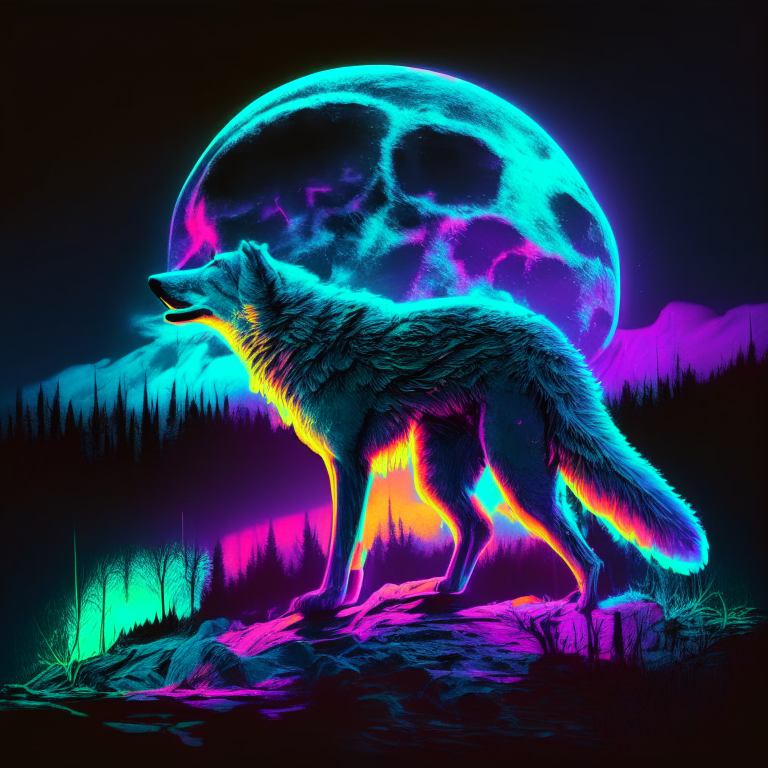 A large wolf hunting in the night, neon colours, the moon is beaming off the wolf's fur. a large wolf hunting in the night, neon colours, the moon is beaming off the wolfs fur