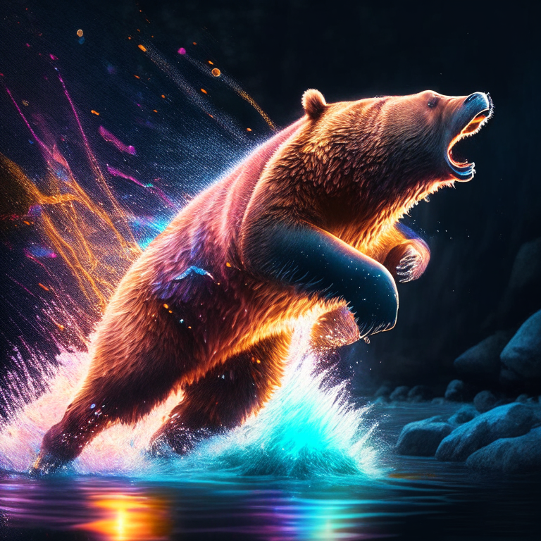 a brown wolf bear catching salmon, colourful, bright lights jumping salmon