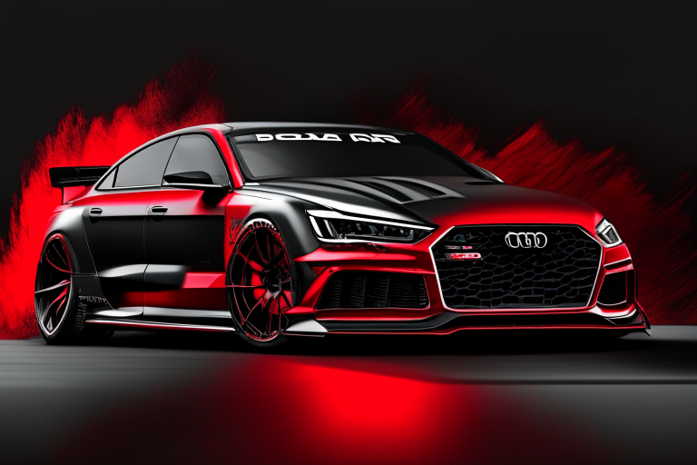 An Audi RS5 in black and red racing paint, hyper realistic