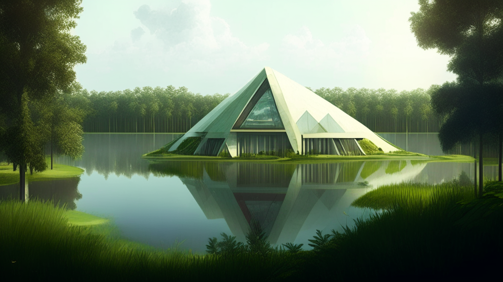 A compound sits near a serene lake surrounded by lush green vegetation. The compound has a flat-top pyramid architectural style that is modern and futuristic. The compound is embedded in a landscape with large trees, bushes, grass and a lake reflecting the sky and greenery. The atmosphere is peaceful and tranquil, with warm lighting casting long shadows.