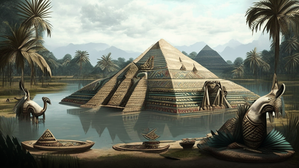 A pyramid compound near a lake, with more Aztec elements like stepped sides, serpent motifs, and feathered headdresses on people