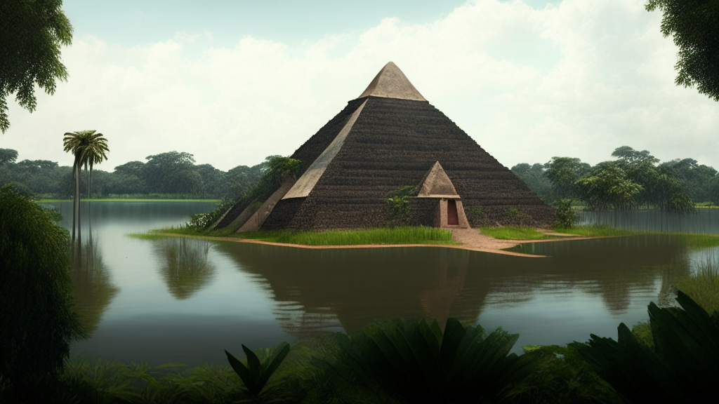 A flat-top pyramid compound near a serene lake, surrounded by lush green vegetation and ancient Mesoamerican style architecture