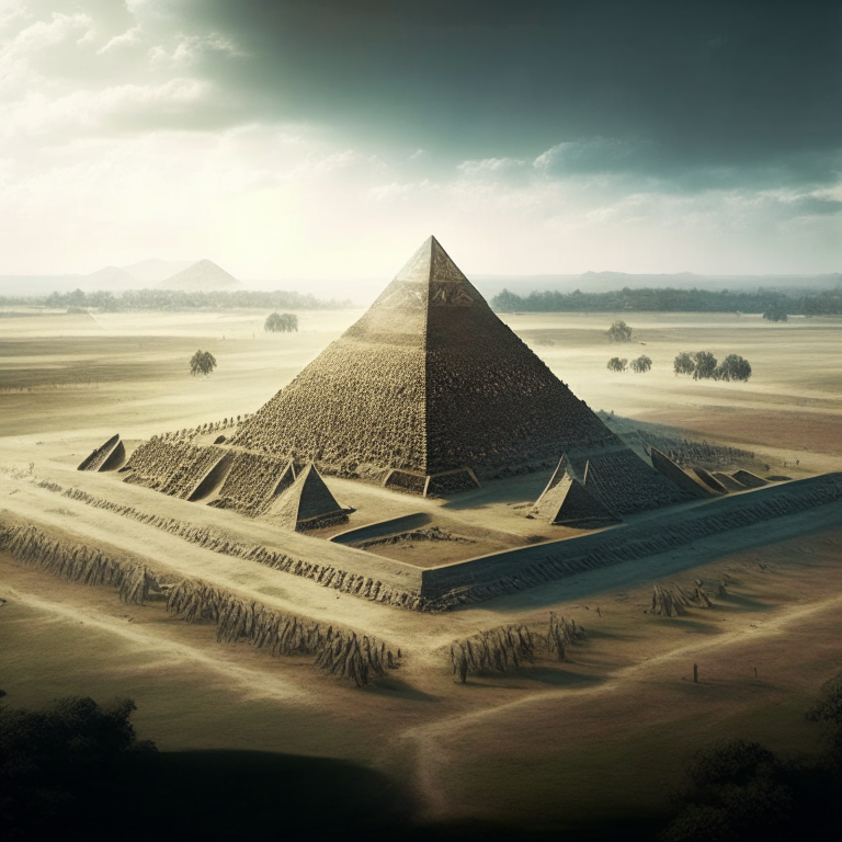 A large pyramid in the middle of a field, surrounded by flat-roofed buildings forming a compound