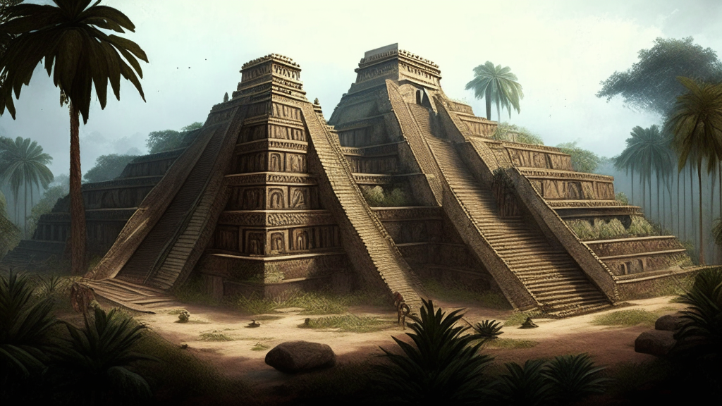 A large Mesoamerican step pyramid with stairways and temples, set in a ceremonial complex with other structures and vegetation