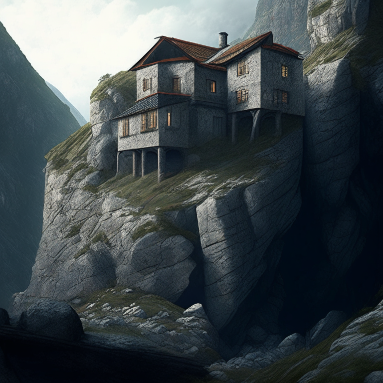A stone block house built into the side of a cliff, nestled in a mountainous landscape