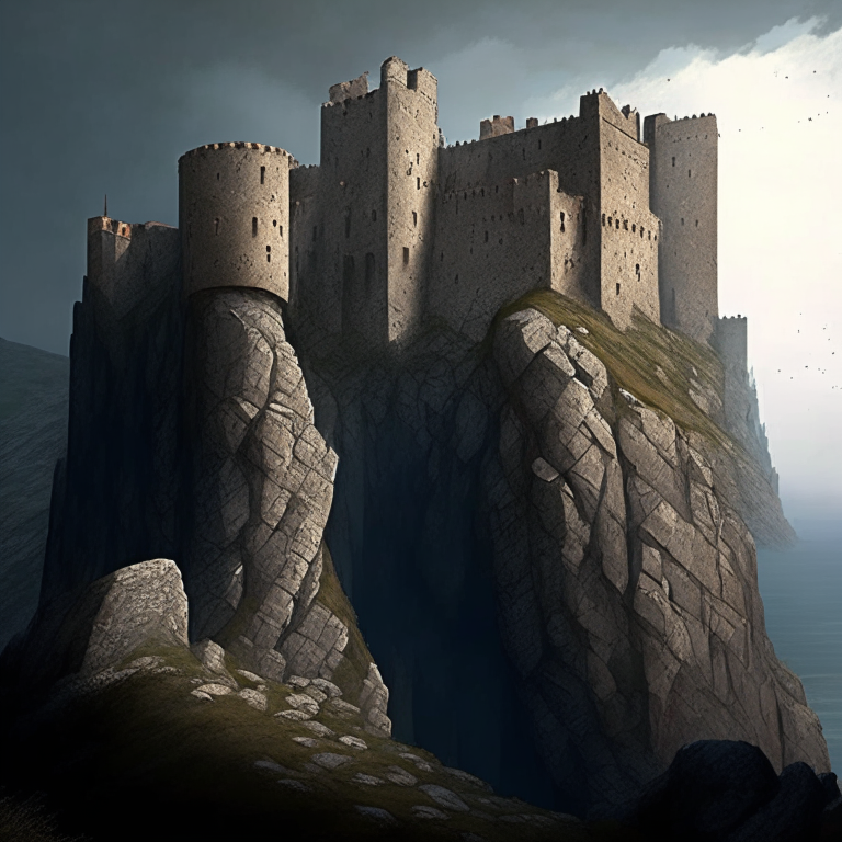 A medieval stone fortress built into the face of a tall cliff, with thick walls, arrow slit windows and towers