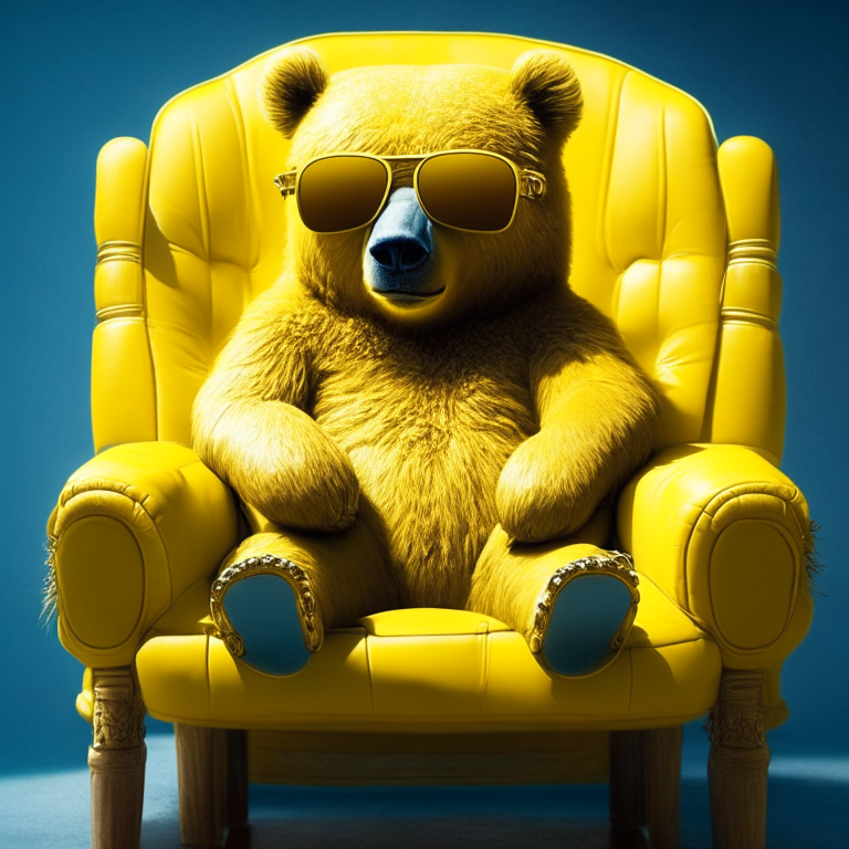 Beautiful yellow bear , site on the king's chair , sunglasses glasses 