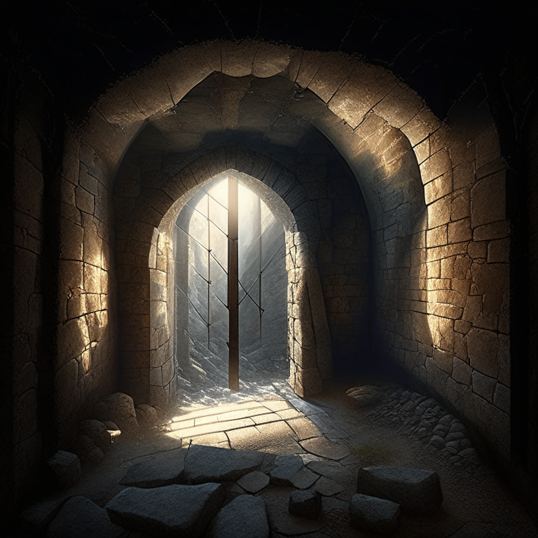 The interior of a medieval stone fortress, with thick stone walls, arrow slit windows letting in shafts of light, and an open courtyard