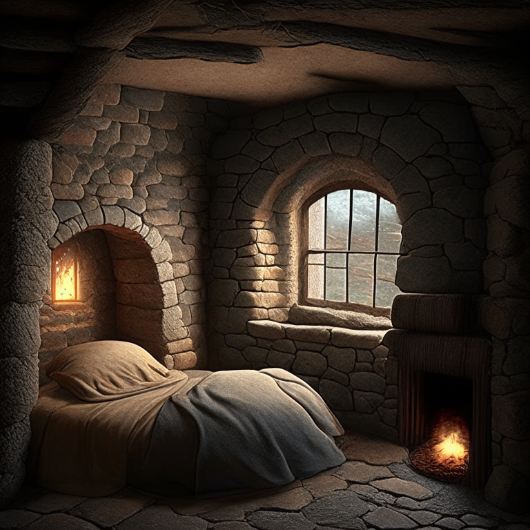 The interior of a medieval stone bedroom within the fortress tower, with a stone fireplace, small window, and bed