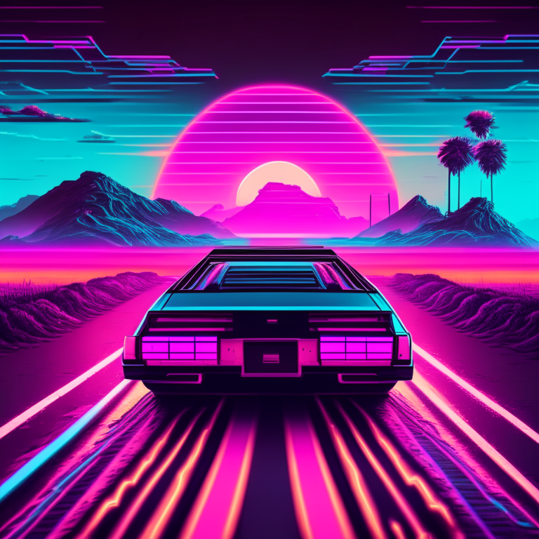 80s car driving down a digital landscape, retrowave, synthwave, 8k