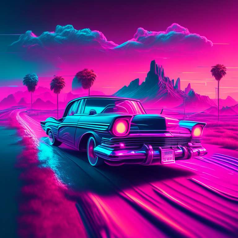  A 57 chevy driving down a digital landscape, retrowave, synthwave, 8k