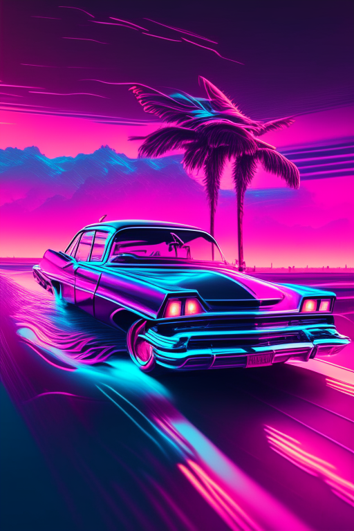 A 57 chevy car driving down a digital landscape, retrowave, synthwave, 8k