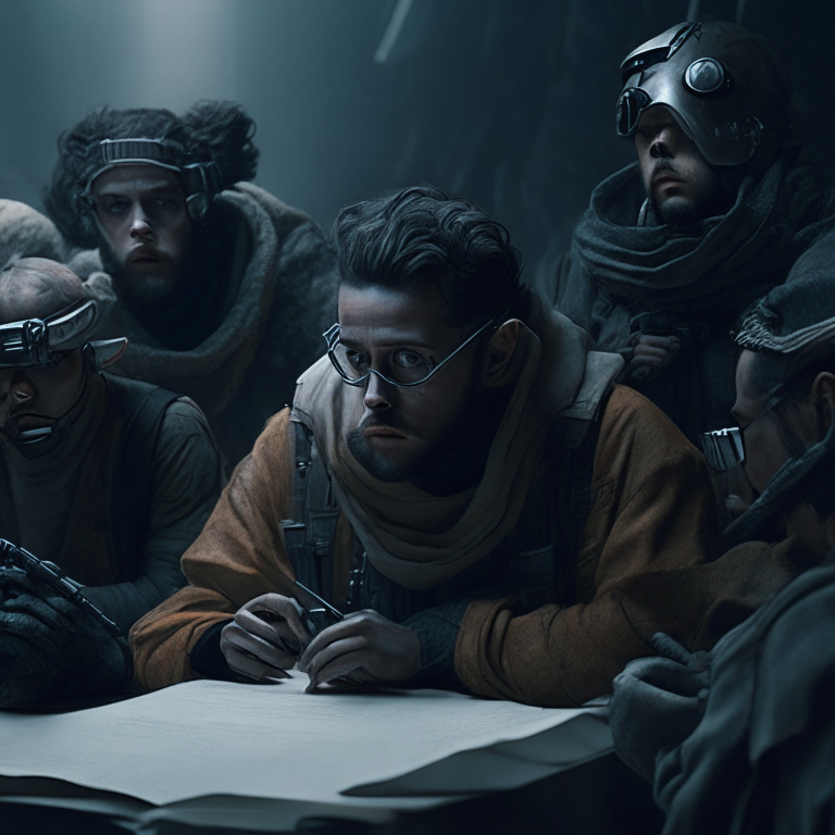 a writer who thinks with his team of rebels ultra realistic, 4k, cinemetic