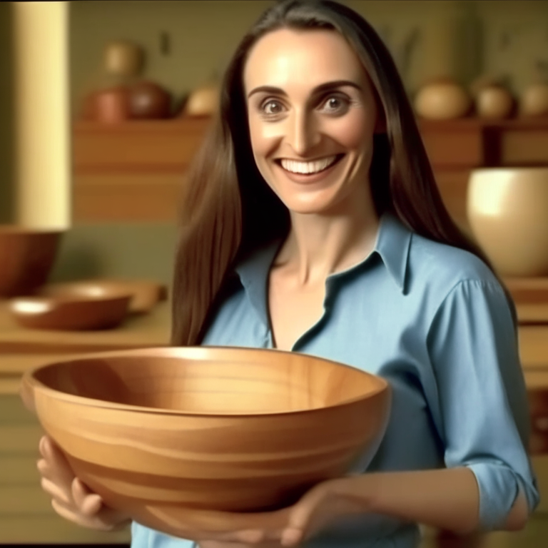 make a 90s tv commercial for wooden bowls with a woman holding the wooden bowl