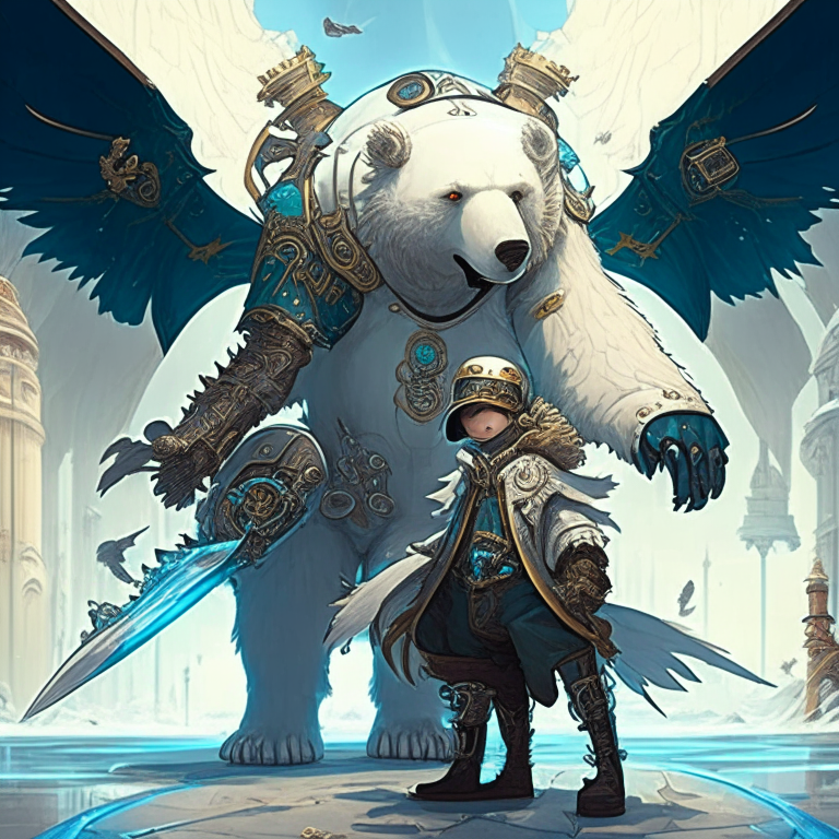 a fantasy world, where there is a polar bear with dragon wings and a steam punk hat greeting little men in metal armor and futuristic swords, AKIRA style, anime style.