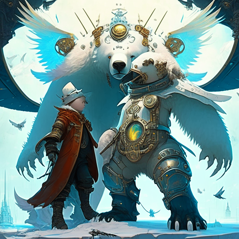 a fantasy world, where there is a polar bear with dragon wings and a steam punk hat greeting little men in metal armor and futuristic swords, AKIRA style, anime style.