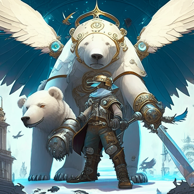 a fantasy world, where there is a polar bear with dragon wings and a steam punk hat greeting little men in metal armor and futuristic swords, AKIRA style, anime style.