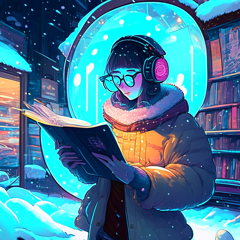 38-year-old girl with neon holographic glasses, reading a book, in front of a store of analog items such as playing records, while the snow falls and passing an egg-shaped hovercraft, inue Takeshi style, anime style.