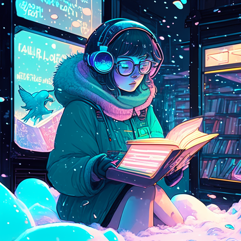 38-year-old girl with neon holographic glasses, reading a book, in front of a store of analog items such as playing records, while the snow falls and passing an egg-shaped hovercraft, inue Takeshi style, anime style.