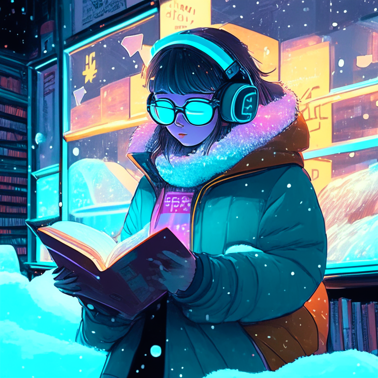 38-year-old girl with neon holographic glasses, reading a book, in front of a store of analog items such as playing records, while the snow falls and passing an egg-shaped hovercraft, inue Takeshi style, anime style.
