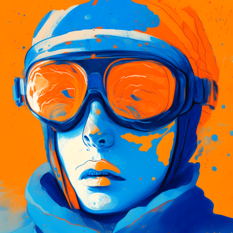 a colorful drawing of a person wearing orange and blue goggles