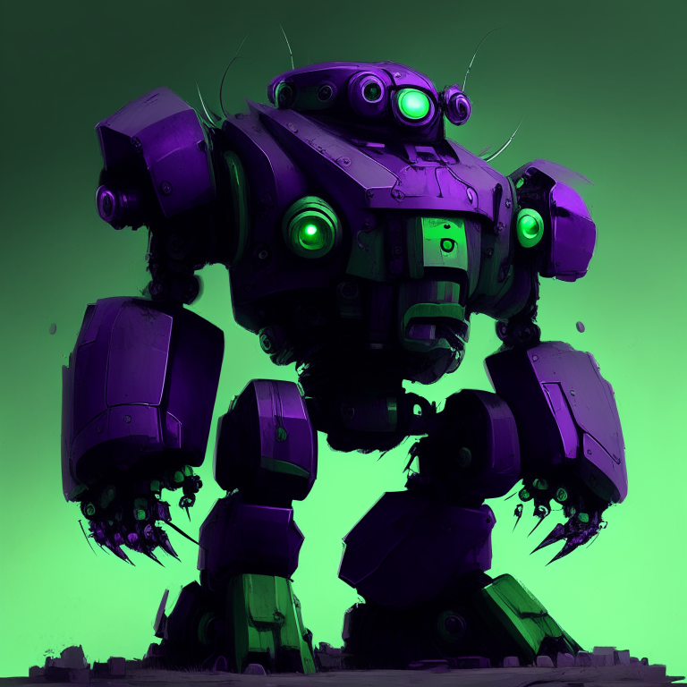 A green and  dark purple  big robot with a big head