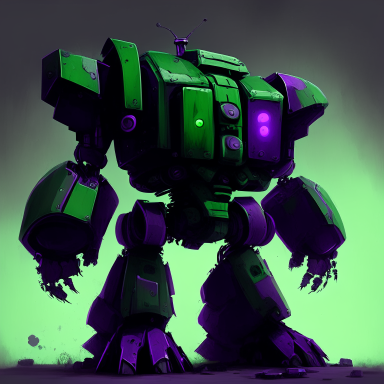 A green and  dark purple  big robot with a big head