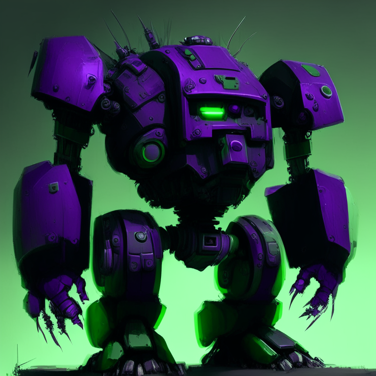 A green and  dark purple  big robot with a big head