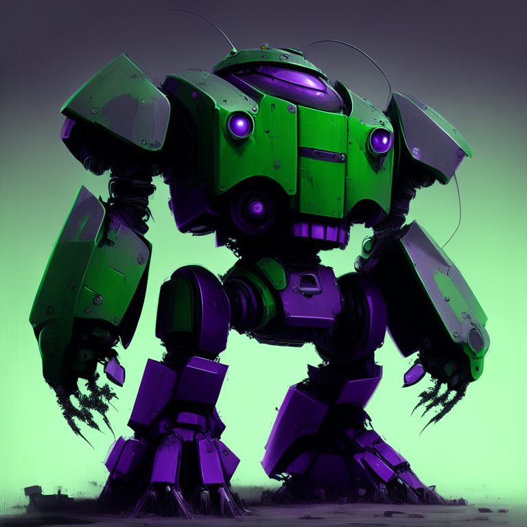 A green and  dark purple  big robot with a big head