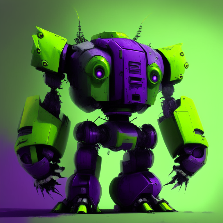 A green and electric  yellow, dark purple  big robot with a big head