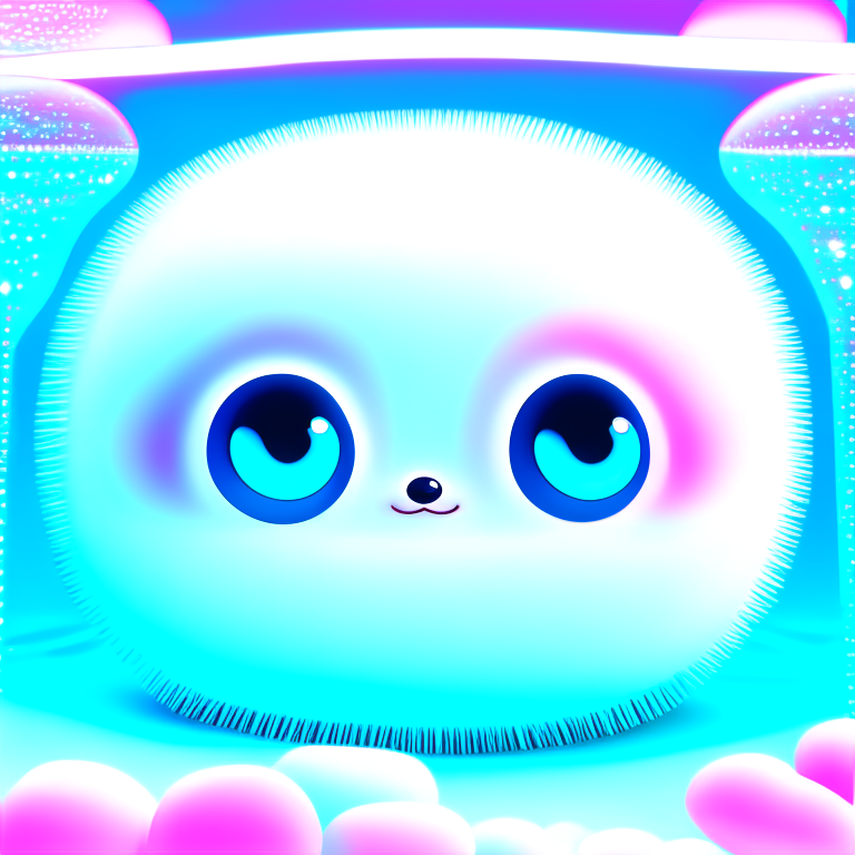 Cute alien.
Translucent fluffy fur.
Transparent fluffy fur.
Reflection translucent fluffy fur.
shining fur.
sparkle feathers fur.
Liana  fur.
geometric  scales fish fur .
big eyes.  eyes express  love.
color Neon eyes.
stellar water ocean background.

