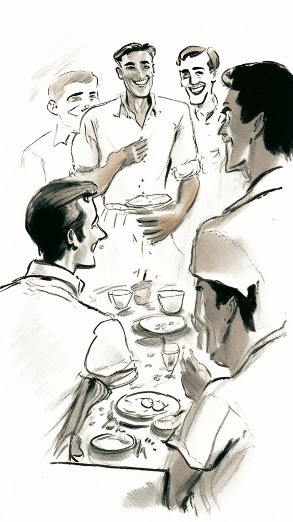 a drawing of a man in a white shirt the man's friends laugh and greet him with a show of hands, they are sitting around the table with food