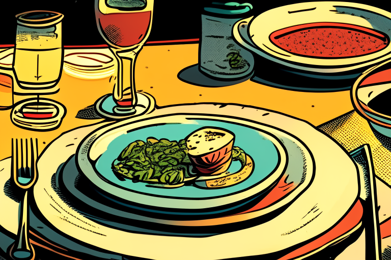 close-up view of a table, plates with food and glasses on the table retro comic style